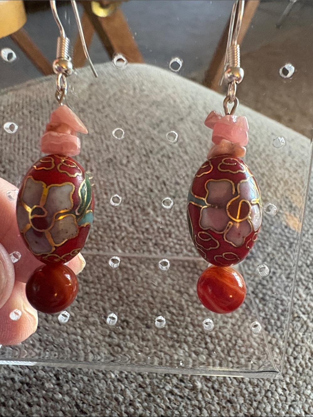 Hand Crafted Carnelian and Cloisonné Drop Earrings